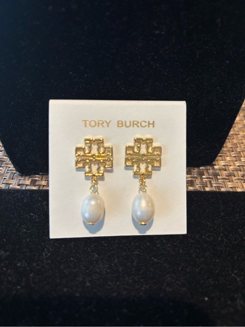 Tory Burch Gold Logo Drop Earrings with White Pearls